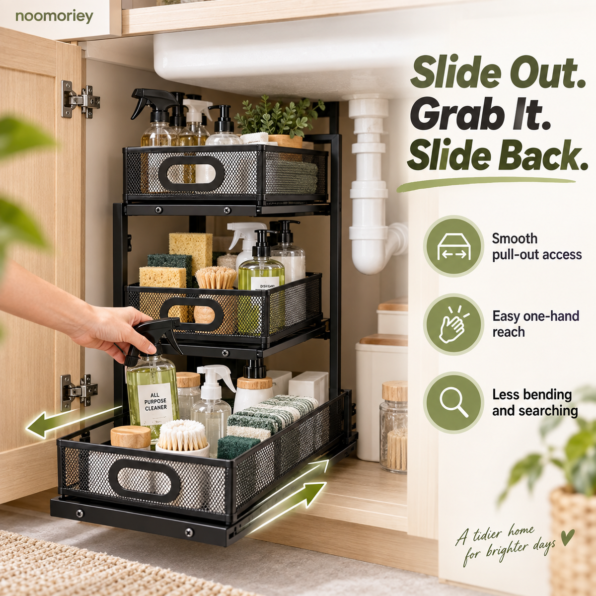 🧺 3-Tier Pull-Out Under-Sink Organizer – Metal Mesh Cabinet Storage