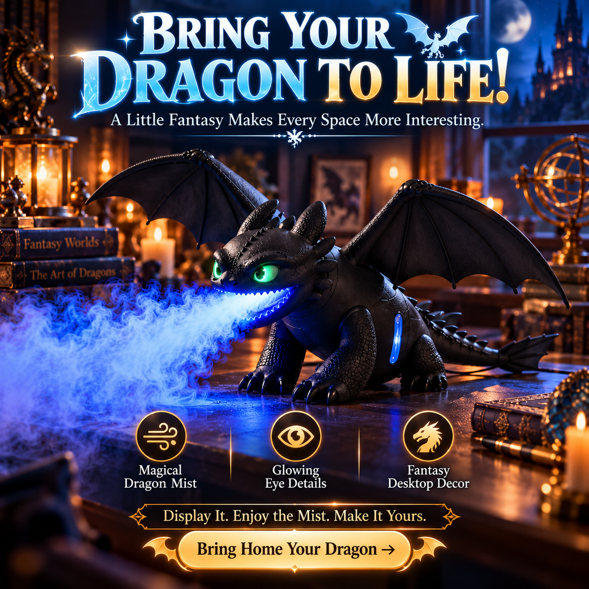๐ Black Dragon Mist Humidifier โ Magical Blue Dragon Breath, Glowing Green Eyes & Fantasy Desk Decor โจ