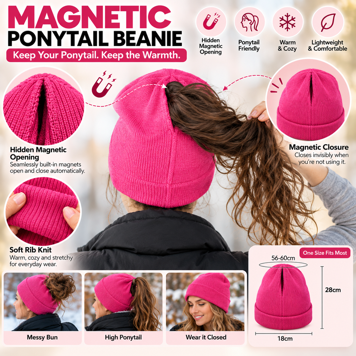 🔥2-in-1-ponytail-beanie-hat-hidden – Hidden Magnetic Closure, No-Zip Winter Knit Hat ❄️