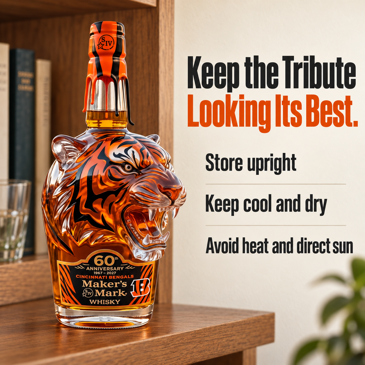 π
Fierce Tiger Head Collector Bottle β Orange & Black Football Fan Bar Decor π