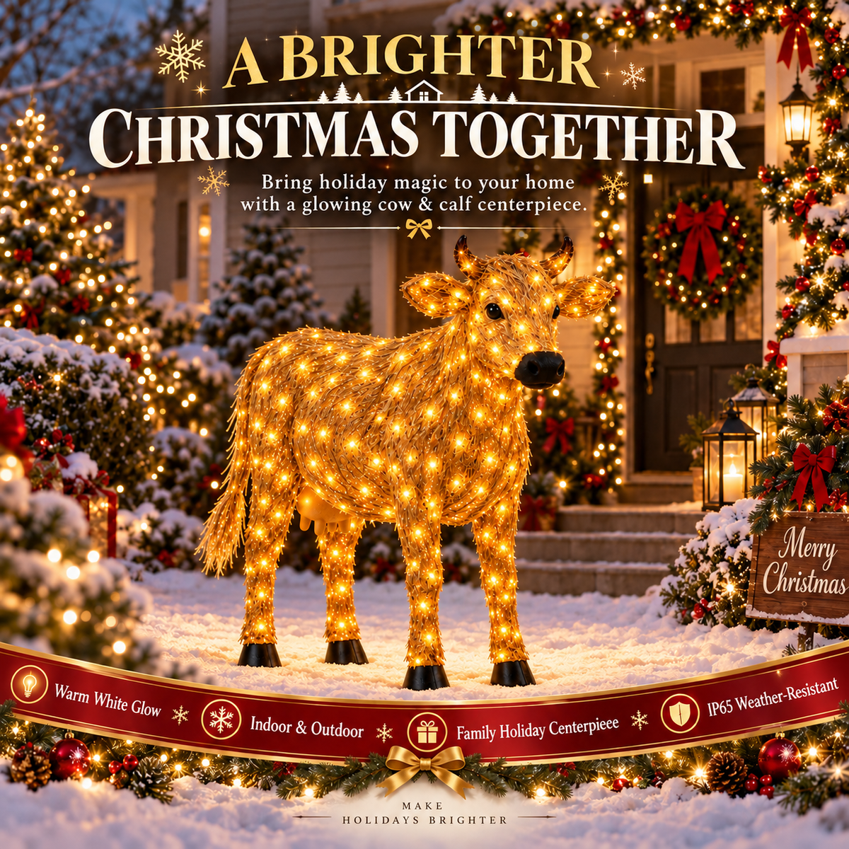 β¨π Light-Up Christmas Cow & Calf Set β Warm White LED Holiday Display