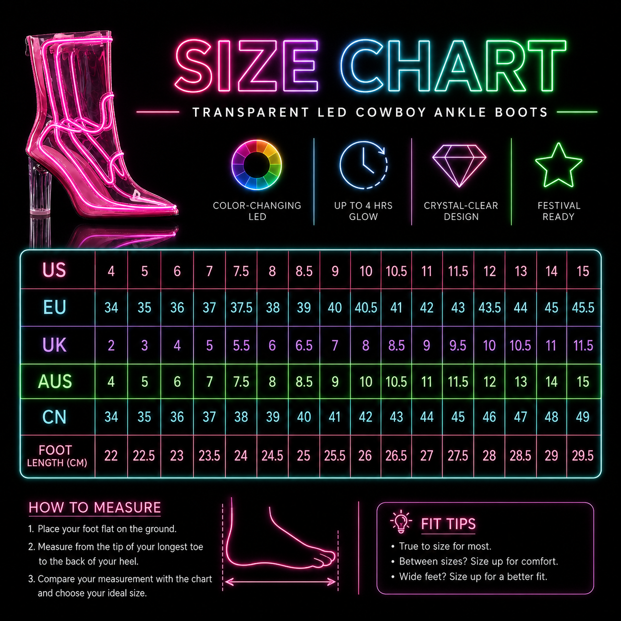๐ Color-Changing LED Cowboy Ankle Boots โ Transparent Glow Boots