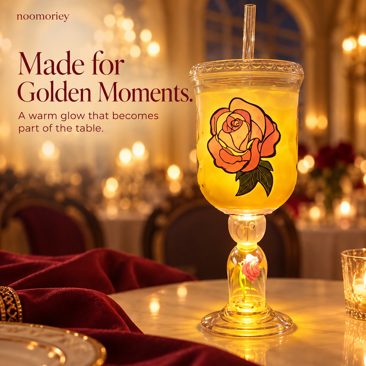 Light-Up Rose Goblet Cup with Straw, Aesthetic LED Flower Tumbler