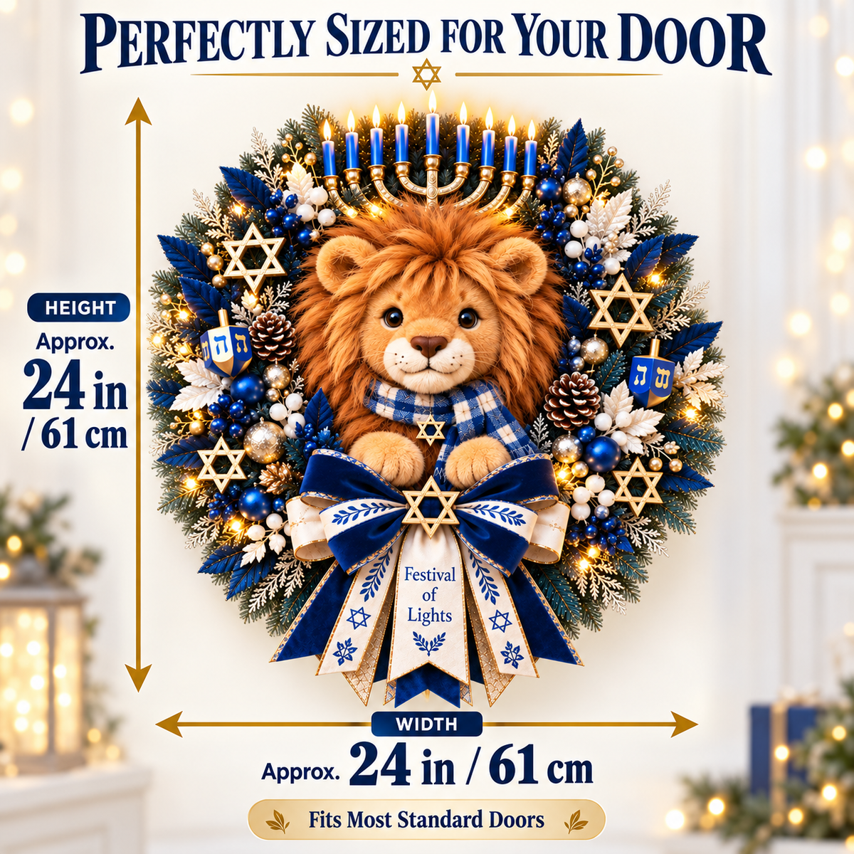 🦁✨ Lion of Judah Hanukkah Lighted Wreath - A Warm & Meaningful Welcome for the Festival of Lights🎁