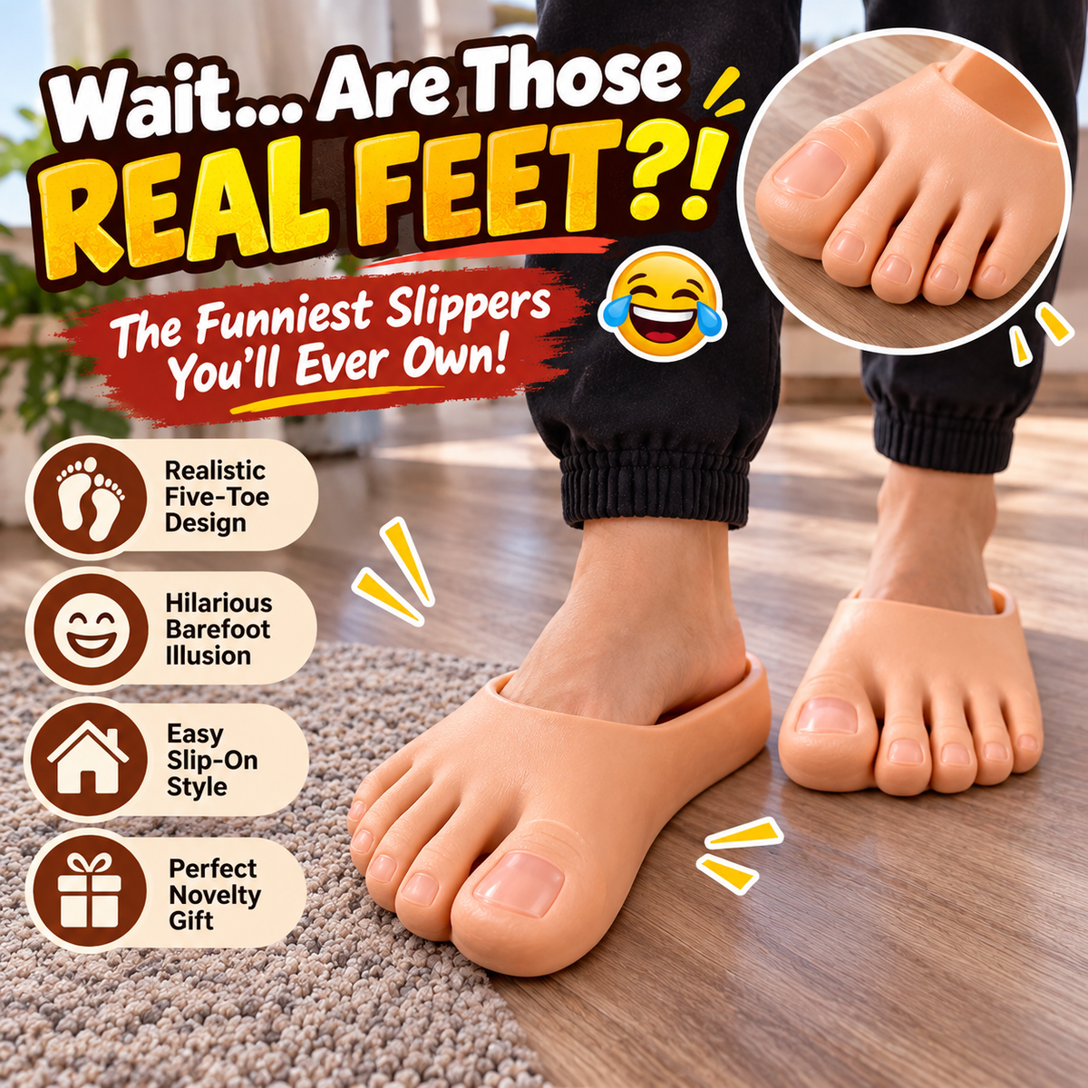 π Realistic Barefoot Slippers β Funny Giant Toe Slides, Hilarious Prank Gift π£