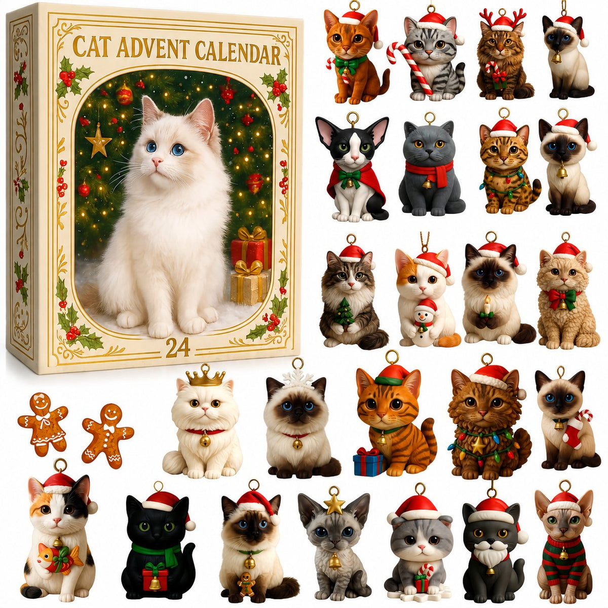 🐱Cat Advent Calendar Gift for Adults Friends Cat Owners and Lovers Christmas Holiday Countdown Gift 24 Designs Cats Charm Christmas Tree Ornament