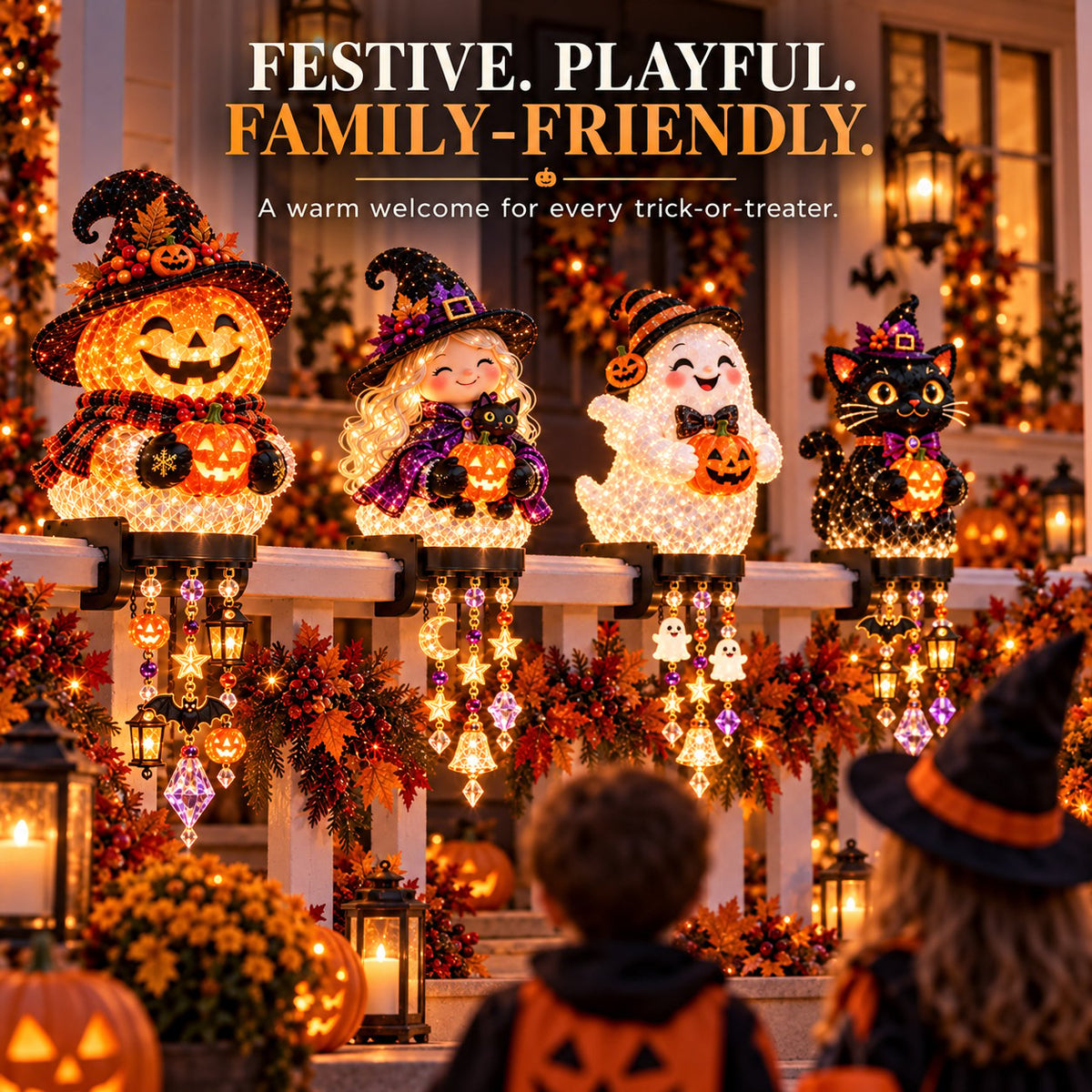 🔥🎃 Halloween Porch Magic Cascade Railing Lights – Pumpkin, Witch, Ghost & Black Cat🎃🎃