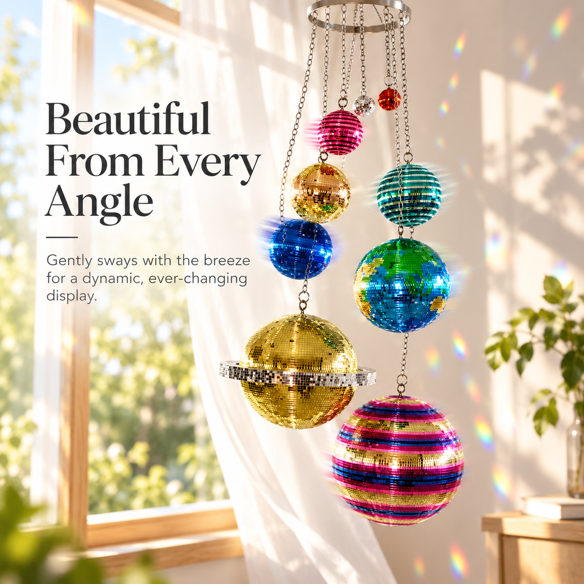 🌈 Solar System Disco Ball Hanging Mobile – Colorful Reflective Celestial Room Decor