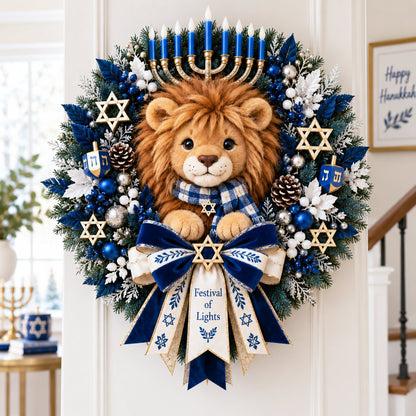🦁✨ Lion of Judah Hanukkah Lighted Wreath - A Warm & Meaningful Welcome for the Festival of Lights🎁