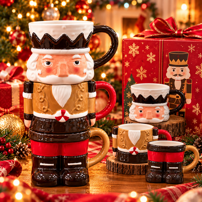 🎄 3-Piece Stackable Nutcracker Christmas Mug Set – Festive Ceramic Coffee Cups & Holiday Gift 🎁