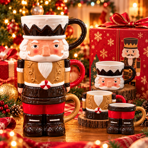 🎄 3-Piece Stackable Nutcracker Christmas Mug Set – Festive Ceramic Coffee Cups & Holiday Gift 🎁