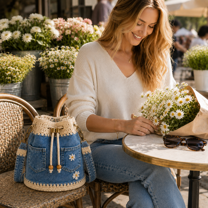 🔥Last Day 49% OFF-🌼 Denim Crochet Daisy Bucket Bag & Crossbody Purse 👜