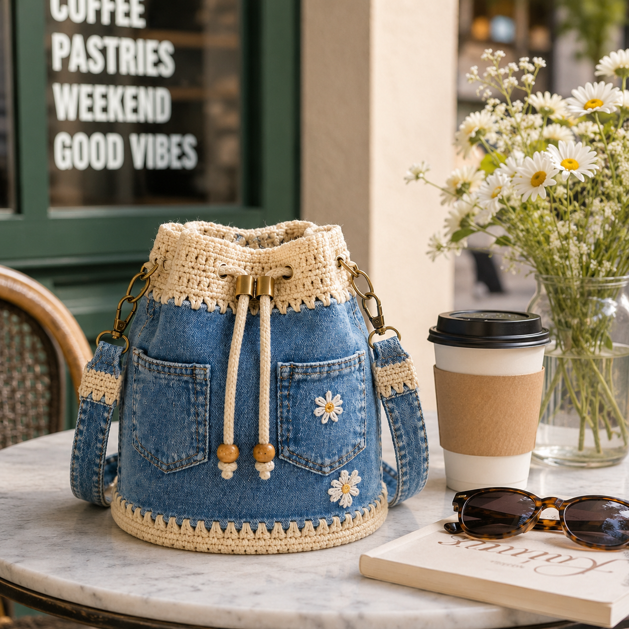 🔥Last Day 49% OFF-🌼 Denim Crochet Daisy Bucket Bag & Crossbody Purse 👜