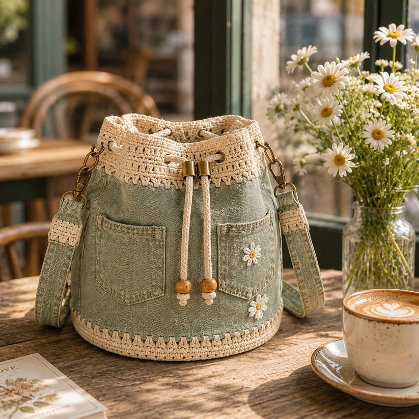 🔥Last Day 49% OFF-🌼 Denim Crochet Daisy Bucket Bag & Crossbody Purse 👜