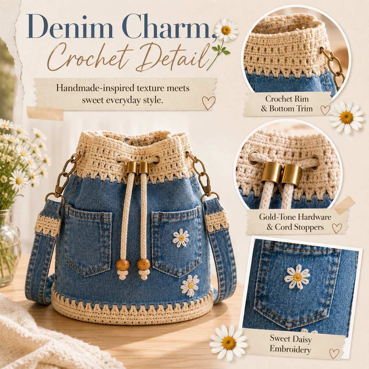🔥Last Day 49% OFF-🌼 Denim Crochet Daisy Bucket Bag & Crossbody Purse 👜