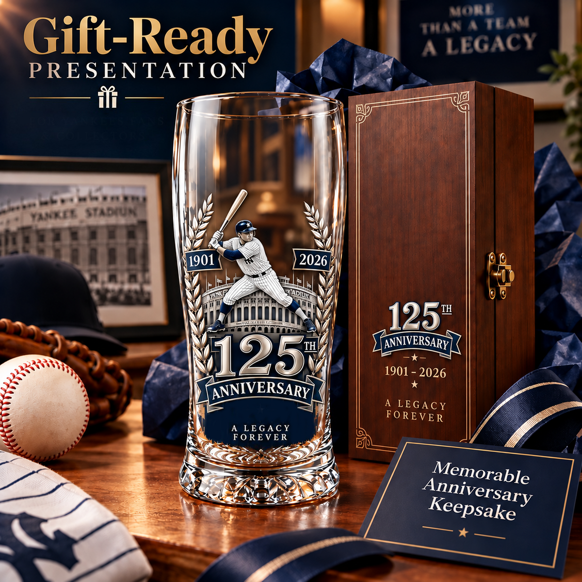 125th anniversary baseball glass displayed with its box
