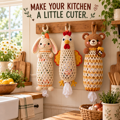 🔥Buy 3, Get 1 Free—Today Only 🔥🔥– 🌼 Cottage Harvest Keepers™ — Crochet Animal Bag Holder DIY Kit