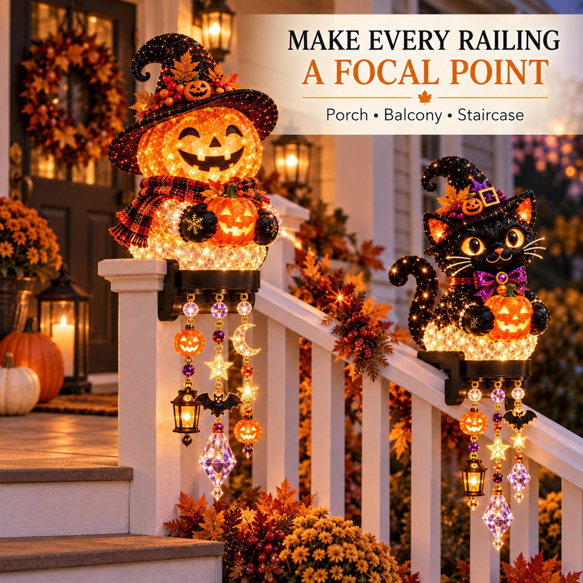 🔥🎃 Halloween Porch Magic Cascade Railing Lights – Pumpkin, Witch, Ghost & Black Cat🎃🎃