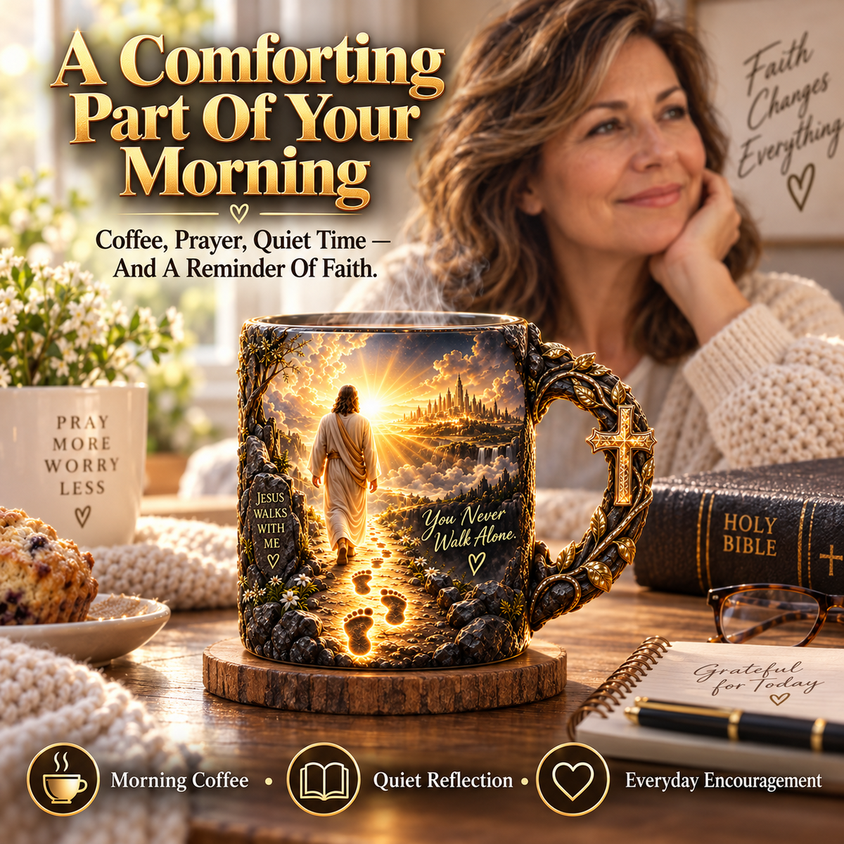 ✝️ Jesus Walks With Me Heat-Reveal Mug | Color-Changing Christian Coffee Cup with Cross-Inspired Handle