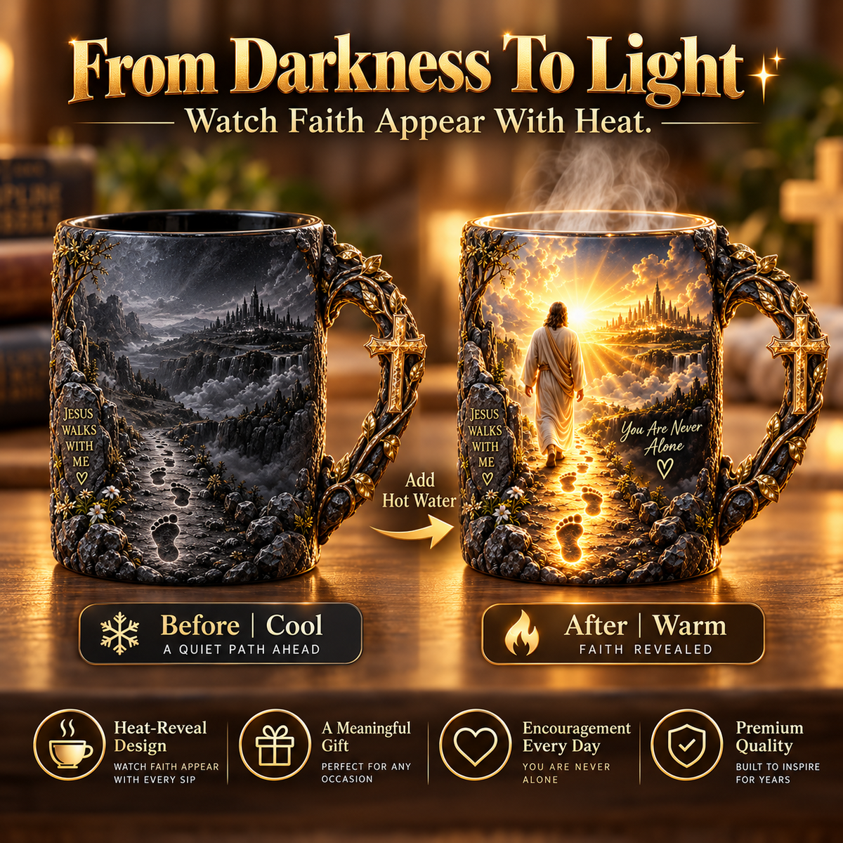 ✝️ Jesus Walks With Me Heat-Reveal Mug | Color-Changing Christian Coffee Cup with Cross-Inspired Handle