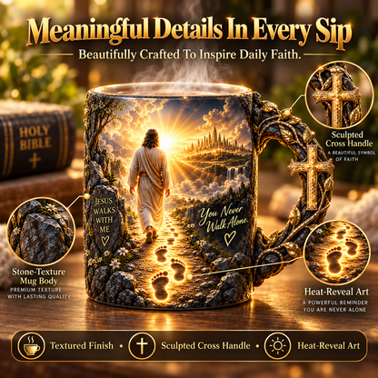 ✝️ Jesus Walks With Me Heat-Reveal Mug | Color-Changing Christian Coffee Cup with Cross-Inspired Handle