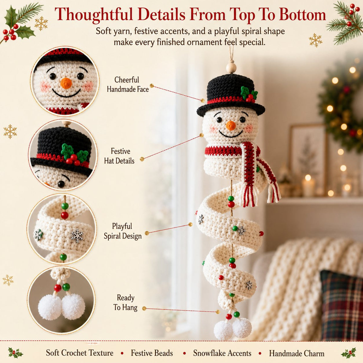 ☃️Crochet Snowman Spiral Ornament DIY Kit | Complete Beginner-Friendly Set with Soft Yarn, Crochet Hook, Festive Beads, Snowflakes & Step-by-Step Guide 🧶🎄✨