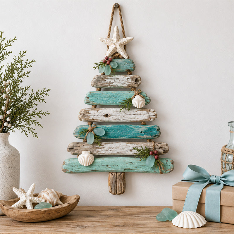 🌊🎄 Coastal Christmas Driftwood Tree – Lighted Beach House Wall Decor