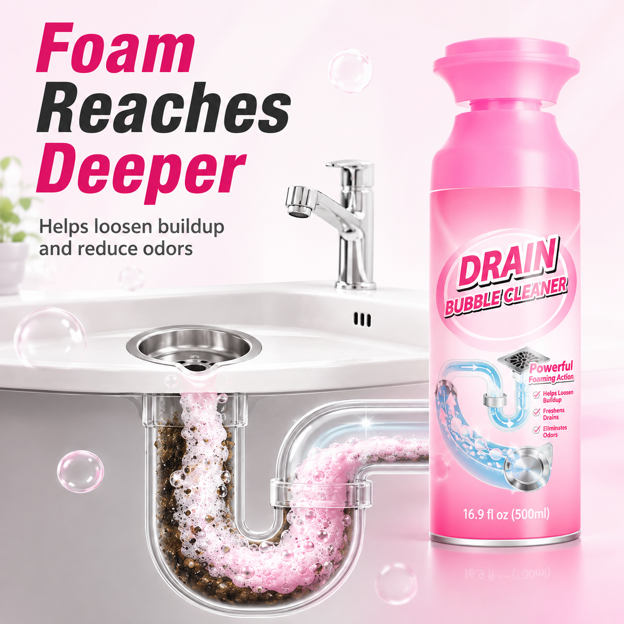 🫧 Foaming Pipe Cleaner & Drain Deodorizer – 360° Expanding Sink Foam ✨
