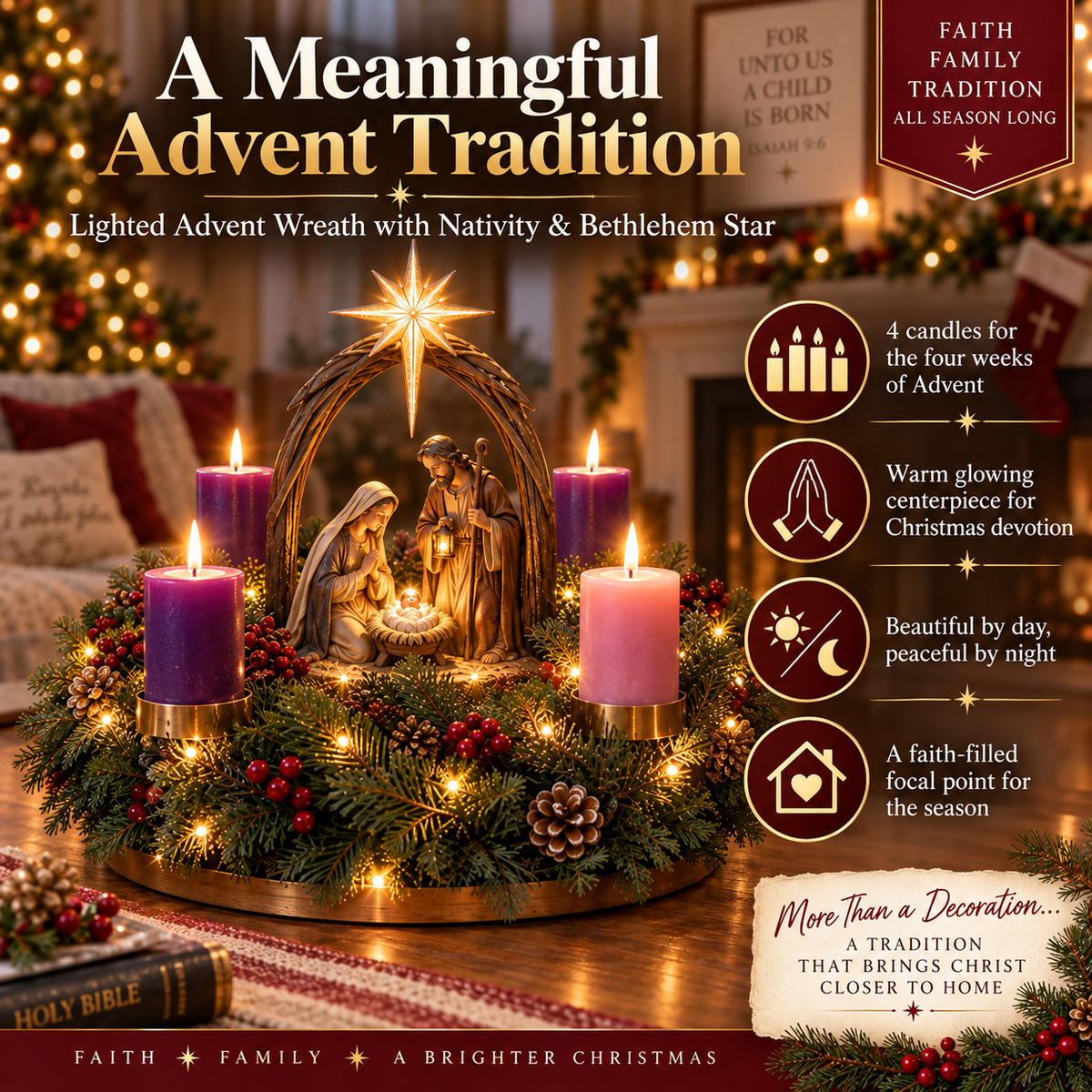 ✝️🕯️ Lighted Nativity Advent Wreath – A Sacred 4-Week Christmas Tradition