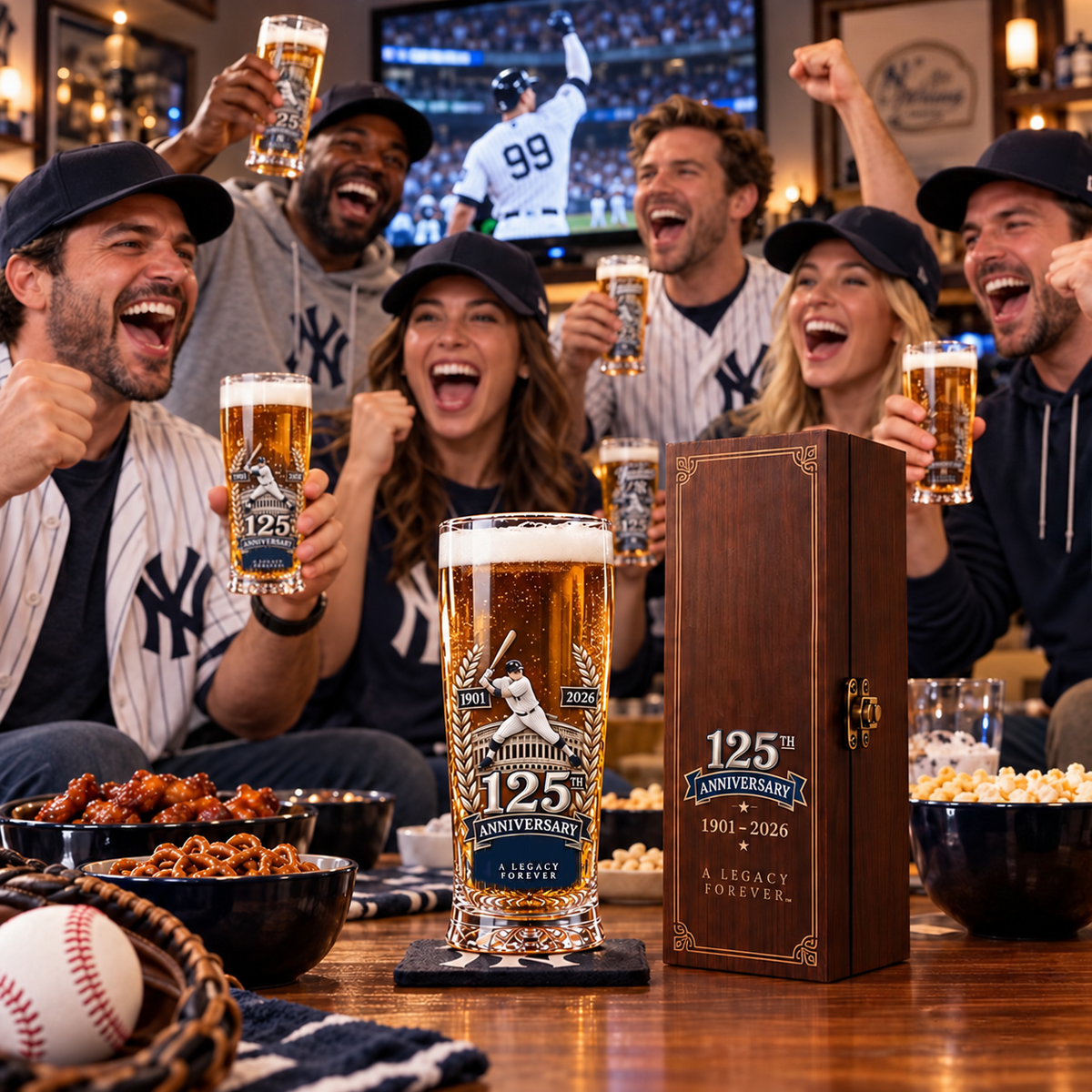 Baseball fans enjoying a game-day gathering with commemorative glasses