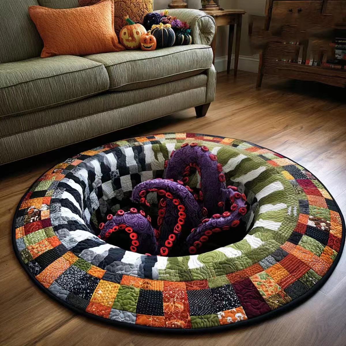 🔥 55% OFF TODAY 🎃3D Skeleton Vortex Quilted Round Halloween Rug