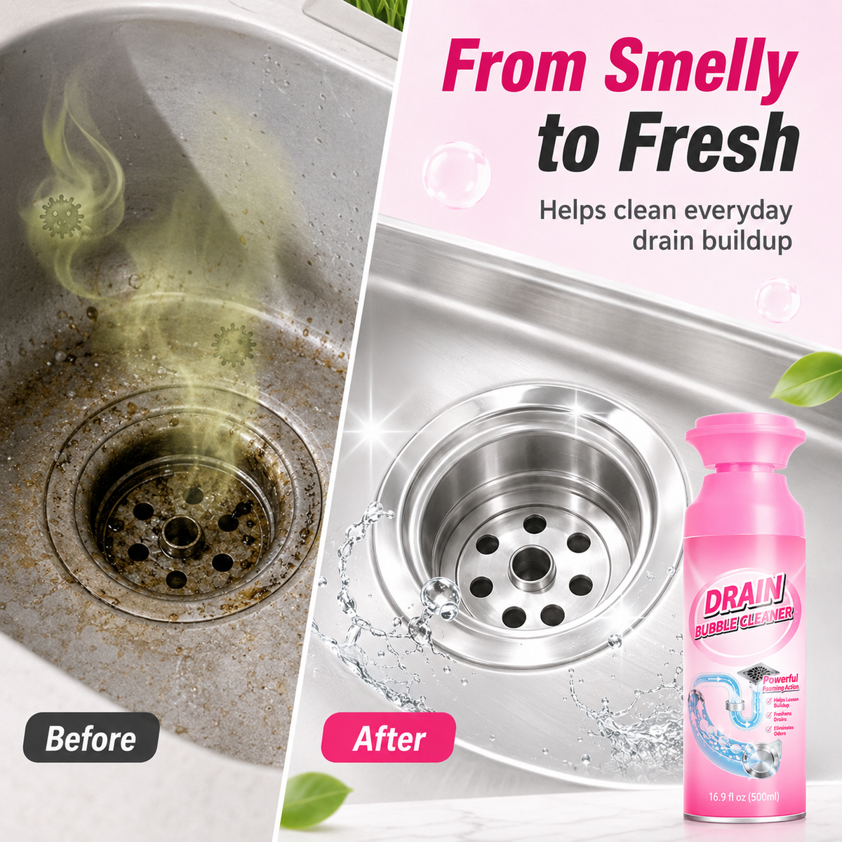 🫧 Foaming Pipe Cleaner & Drain Deodorizer – 360° Expanding Sink Foam ✨