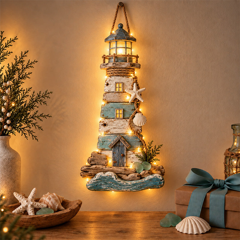 🌊🏠 Coastal Driftwood Lighthouse Wall Decor