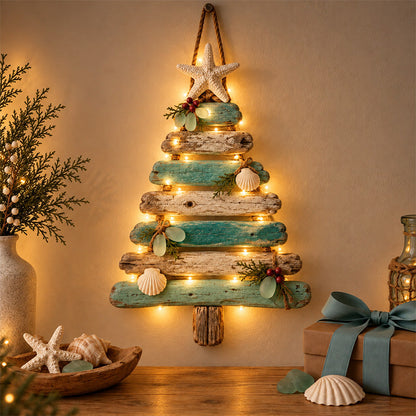 🌊🎄 Coastal Christmas Driftwood Tree – Lighted Beach House Wall Decor