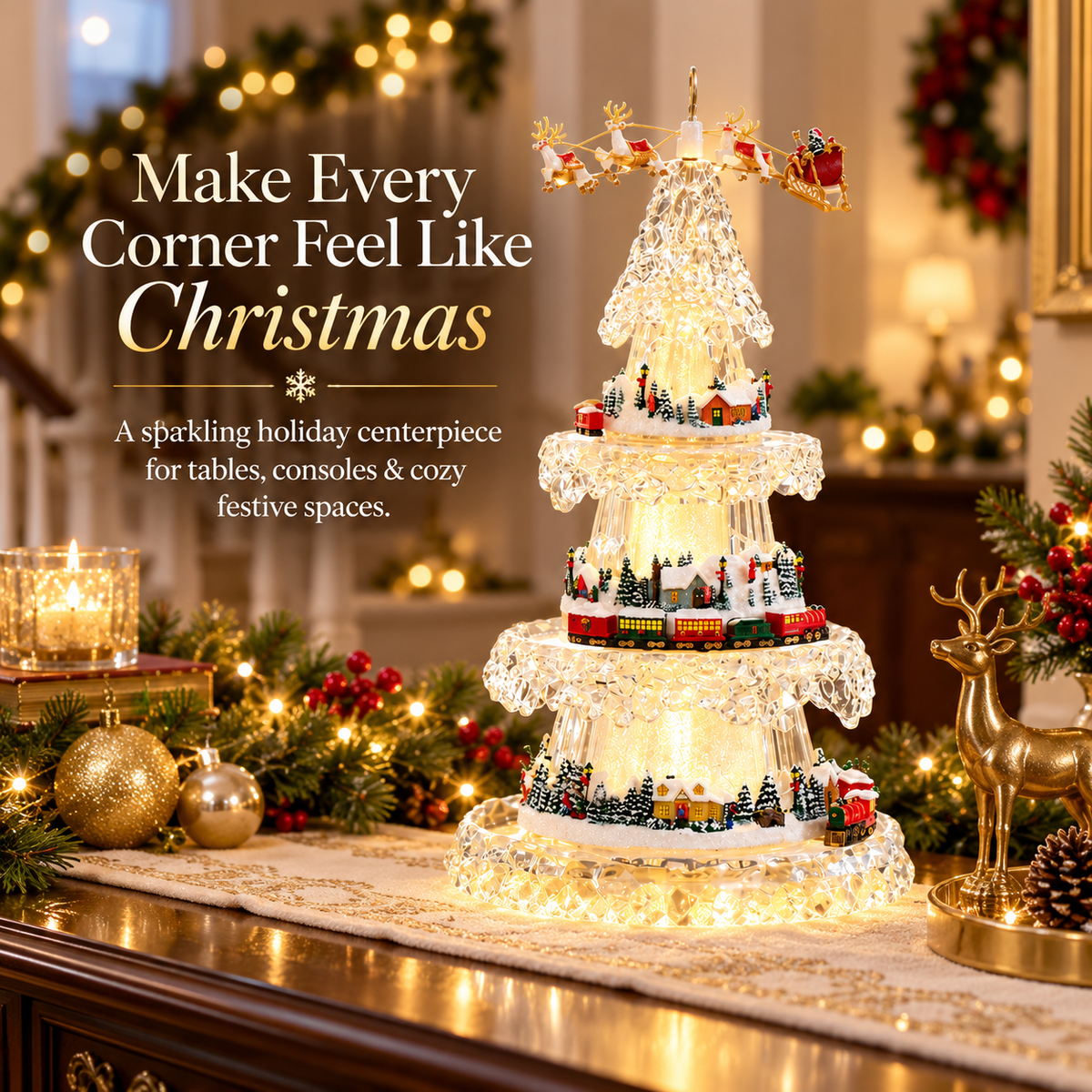 Musical Christmas Tree with Animated Train – Light-Up Acrylic Holiday Village Tabletop Decoration