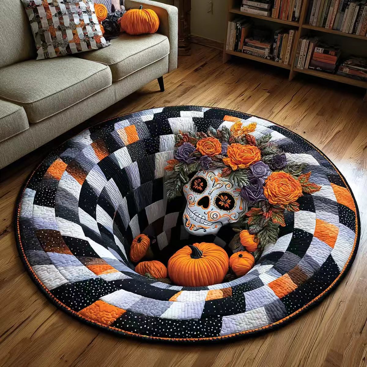🔥 Limited time 55% OFF🎃3D Skeleton Vortex Quilted Round Halloween Rug