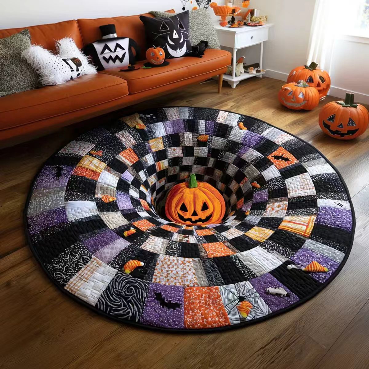 🔥Summer Halloween🎃3D Skeleton Vortex Quilted Round Halloween Rug