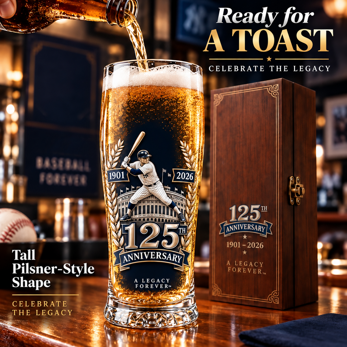 Tall 125th anniversary baseball glass and presentation-style box