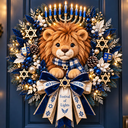 🦁✨ Lion of Judah Hanukkah Lighted Wreath - A Warm & Meaningful Welcome for the Festival of Lights🎁