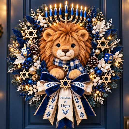 🦁✨ Lion of Judah Hanukkah Lighted Wreath - A Warm & Meaningful Welcome for the Festival of Lights🎁