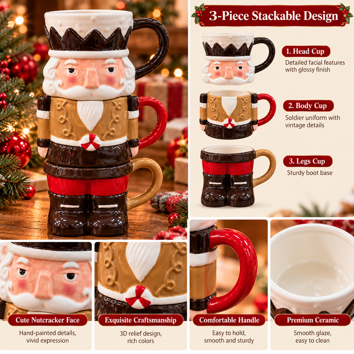 🎄 3-Piece Stackable Nutcracker Christmas Mug Set – Festive Ceramic Coffee Cups & Holiday Gift 🎁