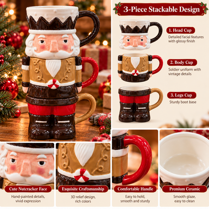 🎄 3-Piece Stackable Nutcracker Christmas Mug Set – Festive Ceramic Coffee Cups & Holiday Gift 🎁