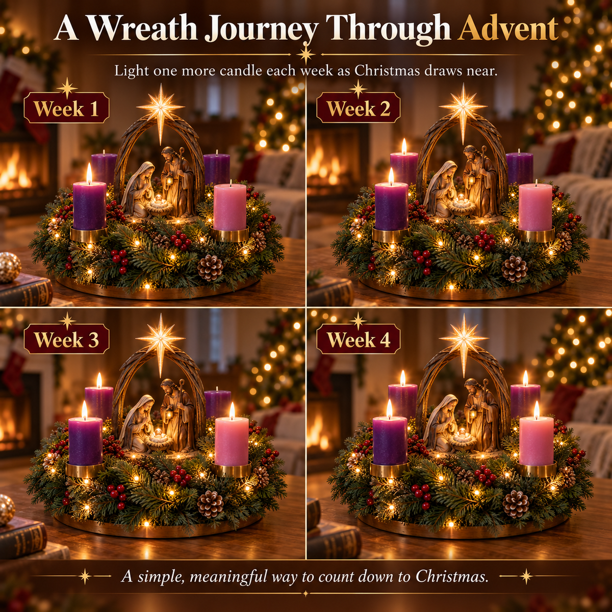 ✝️🕯️ Lighted Nativity Advent Wreath – A Sacred 4-Week Christmas Tradition