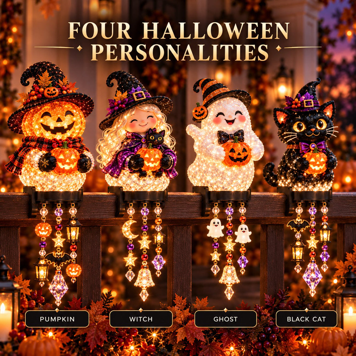 🔥🎃 Halloween Porch Magic Cascade Railing Lights – Pumpkin, Witch, Ghost & Black Cat🎃🎃