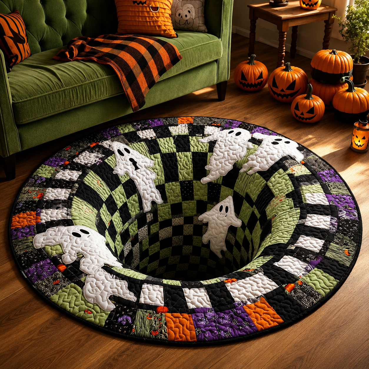 🔥Summer Halloween🎃3D Skeleton Vortex Quilted Round Halloween Rug