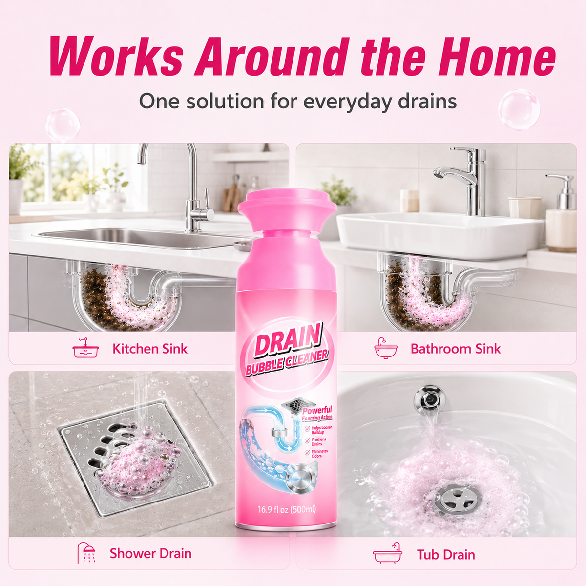 🫧 Foaming Pipe Cleaner & Drain Deodorizer – 360° Expanding Sink Foam ✨