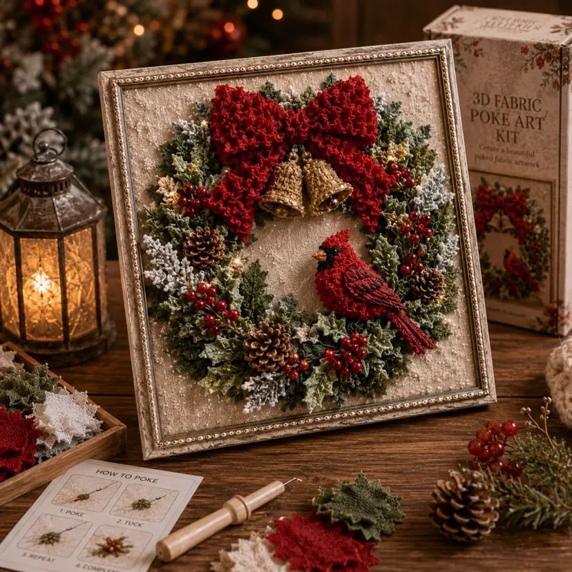 🎁 3D Christmas Fabric Poke Art Kit🎄 Handmade Fabric Poke Art Kit🎅 Vintage Holiday Handmade Decoration, DIY Christmas Craft Kit for Adults & Beginner