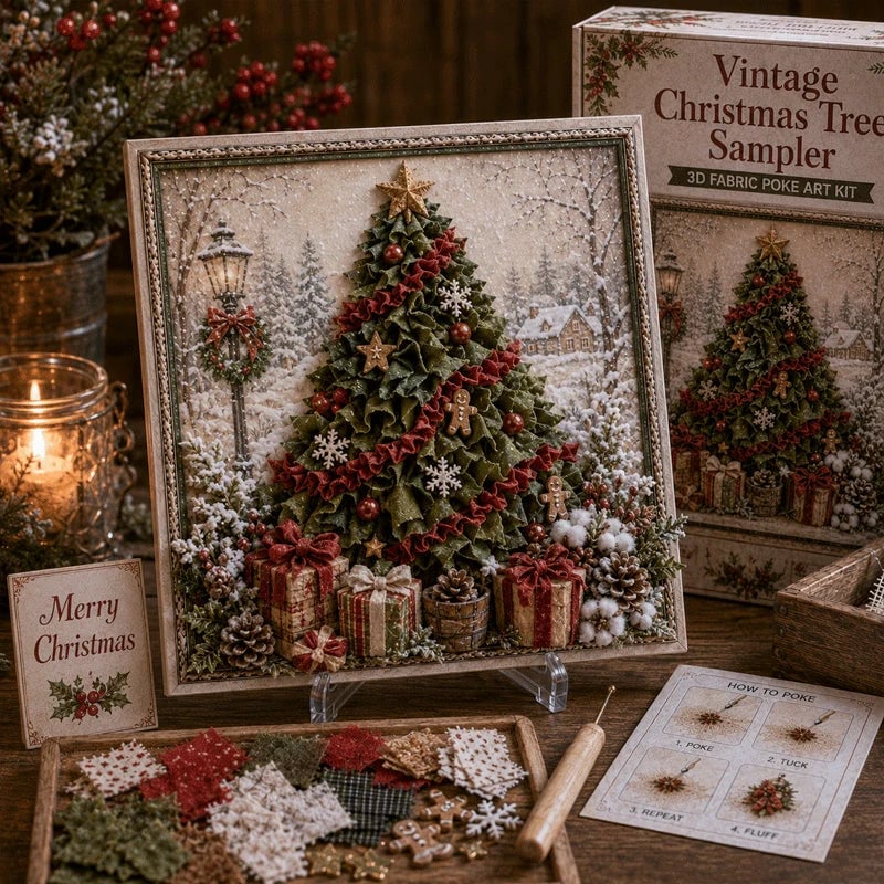 🎁 3D Christmas Fabric Poke Art Kit🎄 Handmade Fabric Poke Art Kit🎅 Vintage Holiday Handmade Decoration, DIY Christmas Craft Kit for Adults & Beginner