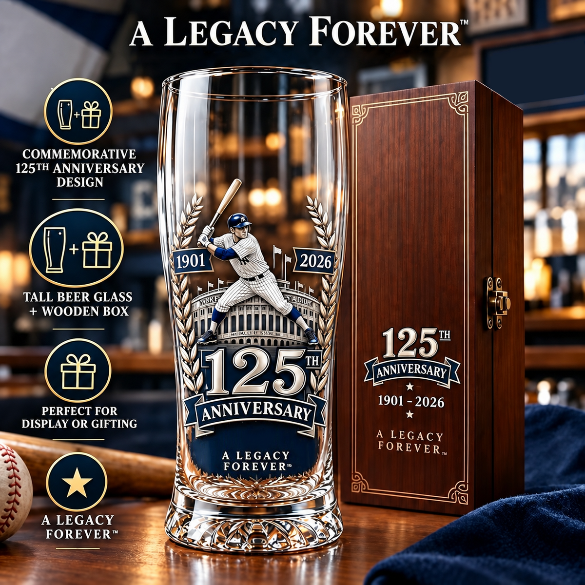 Close-up of 1901–2026 anniversary artwork on the baseball glass
