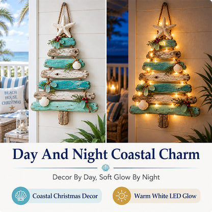 🌊🎄 Coastal Christmas Driftwood Tree – Lighted Beach House Wall Decor